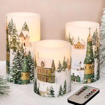 3Pc Flameless Candle Set LED Flicker Pillar Timer Winter Village Remote ... - $21.49