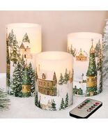 3Pc Flameless Candle Set LED Flicker Pillar Timer Winter Village Remote ... - $19.99