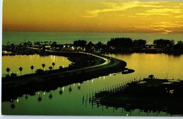 Aerial View Memorial Causeway in Clearwater Beach at Twilight Florida Postcard - £4.62 GBP