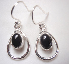 Black Onyx Oval in Hoop 925 Sterling Silver Dangle Earrings - £8.48 GBP
