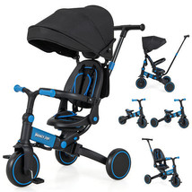 Kids Tricycle with Adjustable Push Handle Canopy and 3-Point Safety Belt-Blue - - £135.86 GBP