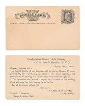 UX5 Postal Card Preprinted Boston Light Infantry Co A 4th Battalion Tigers 1877 - $35.00