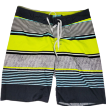 Old Navy Boardshorts Men Medium 32x8.5&quot; Black Neon Yellow Swim Striped - $9.46