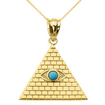 14k Yellow Gold Egyptian Pyramid with Turquoise Evil Eye Pendant Necklace - £230.07 GBP+