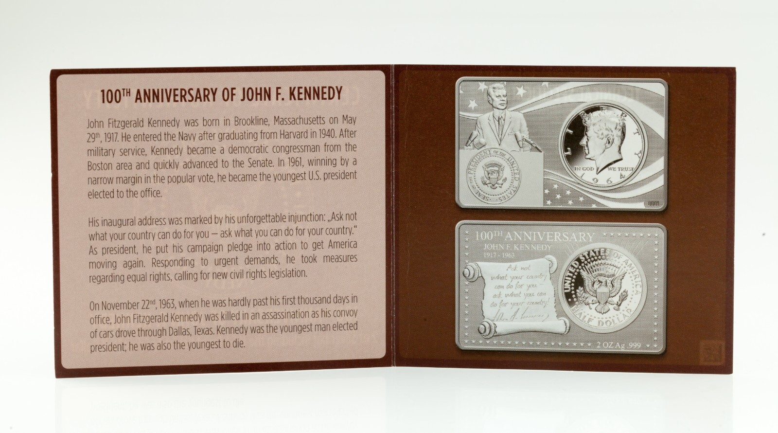 2017 100th Anniversary of JFK 2 Oz Silver Bar w/ Box, Case, and CoA Item image 9