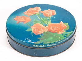 Vintage Round Metal Tin - Spray of Roses on Blue - Betty Baker Candies, ... - £18.68 GBP