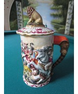 CAPODIMONTE COVERED STEIN BATTLE AND LION FINIAL, ELEPHANT HANDLE [*B] - $520.02 CAD