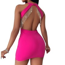 NEW Fuchsia Halter Backless Dress with Rhinestone Fringe Accents Size S - £31.75 GBP