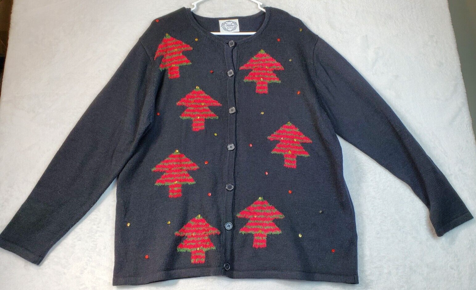 Primary image for Stitches Christmas Cardigan Sweater Womens Black Knit Round Neck Button Front