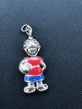 Estate Blue &amp; Red Enamel Silvertone Boy Holding Soccer Ball Charm or Pendant – - £6.07 GBP