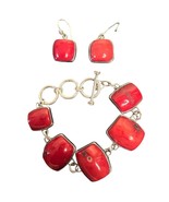 Boho Red Coral & Sterling Silver 925 Toggle Bracelet and Ear Ring Set Western - $112.19