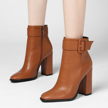 Round Toe Chunky High Heel Ankle Boots for Woman Fashion High Heel Buckle Short  - £82.66 GBP