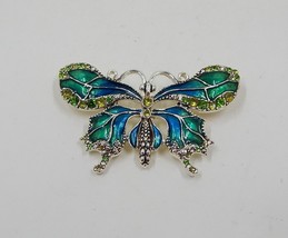 Monet Silver Tone Green Iridescent Rhinestone Stud Enamel Butterfly Brooch Pin - £20.02 GBP