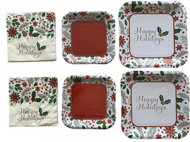 Happy Holidays Christmas Holly Berries Paper Plates and Napkins Serves 16 Party - £17.02 GBP