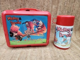 Vintage Aladdin Walt Disney Mickey &amp; Donald Red Plastic Lunch Box &amp; Thermos - £39.68 GBP