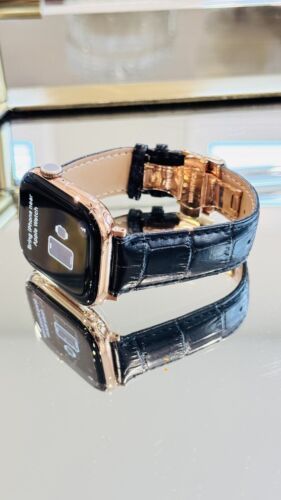 24k ROSE Gold Plated Apple Watch Series 10 46mm Black Leather Band CUSTOM Item image 2