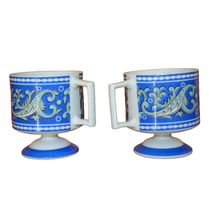 Set of 2 Florencia Coffee Mug Tea Cup Blue Green Paisley Footed Ceramic ... - $30.95