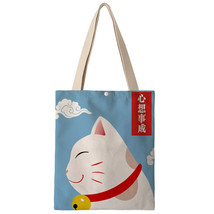 Cute Japanese Fortune Cat Print Canvas Shoulder Bag Women Eco Reusable Shopping  - £15.71 GBP