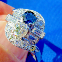 Earth mined Diamond Sapphire Deco Engagement Ring Vintage Platinum Toi et Moi - $11,076.77 CAD