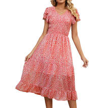 Summer V-neck pleated print chiffon splicing waist dress women - £12.52 GBP