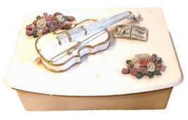 Vintage Pink Pearl Jewelry Box White Violin &amp; Flowers Hand-Painted With Mirror - £20.99 GBP