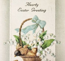 Hearty Easter Greeting 1910-20 Postcard Embossed Robin&#39;s Flower Basket P... - £15.70 GBP