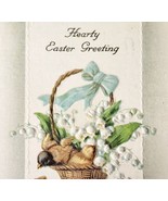 Hearty Easter Greeting 1910-20 Postcard Embossed Robin&#39;s Flower Basket P... - £15.71 GBP