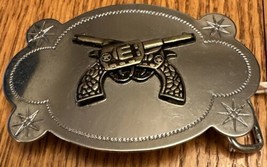 Western Nickel Silver Belt Buckle Crossed Pistols in Center 1970’s - £9.18 GBP