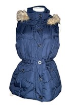 Faded Glory Puffer Vest Womens Blue Faux Fur Trim Removable Hood Cinched... - $14.84