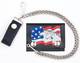 USA FLAG HORSES TRI FOLD BIKER WALLET With CHAIN mens LEATHER #586 horse... - $10.86