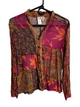 Coldwater Creek Top Women S Pink Semi Sheer Block Floral Button Up Silk Blouse - £15.44 GBP