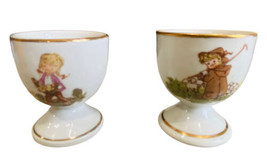 Collection of 2 Vintage White Porcelain Egg Cups Glossy 2&quot; Gold Rims Gra... - $14.45