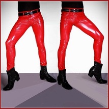 Custom Men's RED Skin Tight "Wet Look" Zip Up Stretch Faux Latex Leather Pants