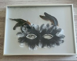 Silver ~ Metal Framed Print ~ Masquerade Feather Mask Behind Glass Wall Hanging - £30.05 GBP