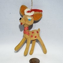 VTG Flocked Lt Brown Plastic Reindeer Deer Ornament 4.5&#39;&#39; Red Scarf Stocking Cap - £17.49 GBP