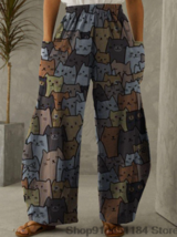 Women cat Lover Print Trousers Summer High Elastic Waist Wide Leg Loose ... - $19.89