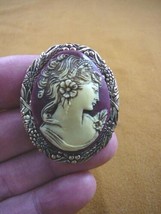 (cm31-33) Exotic Lady Flowers Curlys hair burgundy ivory Cameo brass pin pendant - £26.14 GBP