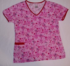 CHEROKEE Scrub Top Sz XS Pink FLOWERS Hearts SS Shirt Cotton V-Neck Styl... - $11.97