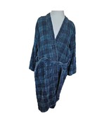 Vintage 80s 90s Mens S/M Terrycloth Robe Knee Length Plaid Green Blue Thick - £29.66 GBP