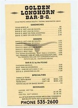 Golden Longhorn Bar B Q Menu Pacific Ave South Tacoma Washington 1980&#39;s - $17.82