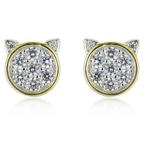 14k Yellow Gold Plated Round Micro Pave Cubic Zirconia Lucky Cat Stud Earrings - $28.04