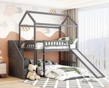 Twin Over Twin Bunk Bed House With Slide And Storage Stairs, Wood Playho... - $948.99
