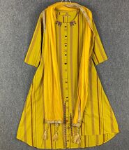 Jini Nimi Dress Women&#39;s Medium Indian Button Up Scarf Ribbon Striped Yellow - $27.90 CAD