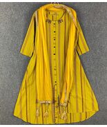 Jini Nimi Dress Women&#39;s Medium Indian Button Up Scarf Ribbon Striped Yellow - $27.90 CAD
