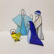 4 Pc Stained Glass Nativity Set Joseph Mary Angel Baby Jesus Manger Free Standin - £21.02 GBP