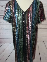 Lulus Sequin Dress Rainbow Stripe XL Extra Large Bodycon New Years Lined... - $69.12