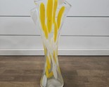 Hand Blown Glass Vase Yellow White Swirl Pinched Ruffled Top MCM Vtg 12” - $24.70
