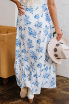 Sky Blue Boho Floral High Waist Ruffle Split Maxi Skirt - $348.64 MXN