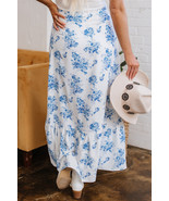 Sky Blue Boho Floral High Waist Ruffle Split Maxi Skirt - $25.79 CAD