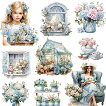 Sticker Set Blue Rose Girl Floral Rustic Scrapbook Journal Decoration Craft DIY - £5.87 GBP